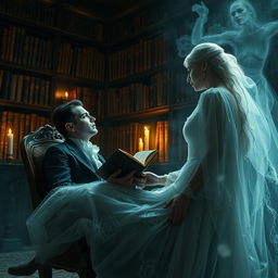 A magical and mysterious encounter between a man and a ghostly woman in a dimly lit, ancient library