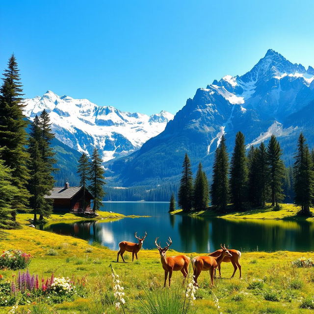 A tranquil mountain landscape under a clear blue sky