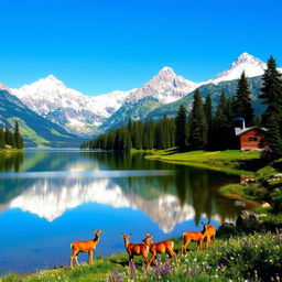 A tranquil mountain landscape under a clear blue sky