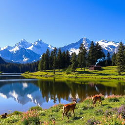 A tranquil mountain landscape under a clear blue sky