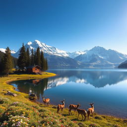 A tranquil mountain landscape under a clear blue sky