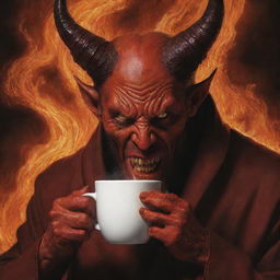 Imaginative depiction of Satan with a noticeable scar on his face, casually sipping coffee in a fiery realm resembling hell.