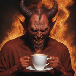 Imaginative depiction of Satan with a noticeable scar on his face, casually sipping coffee in a fiery realm resembling hell.