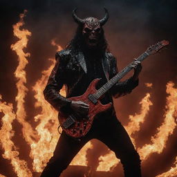 Satan as a rockstar, playing an intricate solo on a fiery electric guitar against a dystopian backdrop