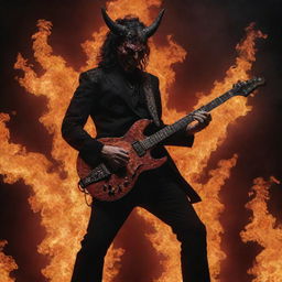 Satan as a rockstar, playing an intricate solo on a fiery electric guitar against a dystopian backdrop