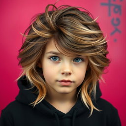 A beautiful boy with big brown and blonde hair, wearing a stylish black hoodie