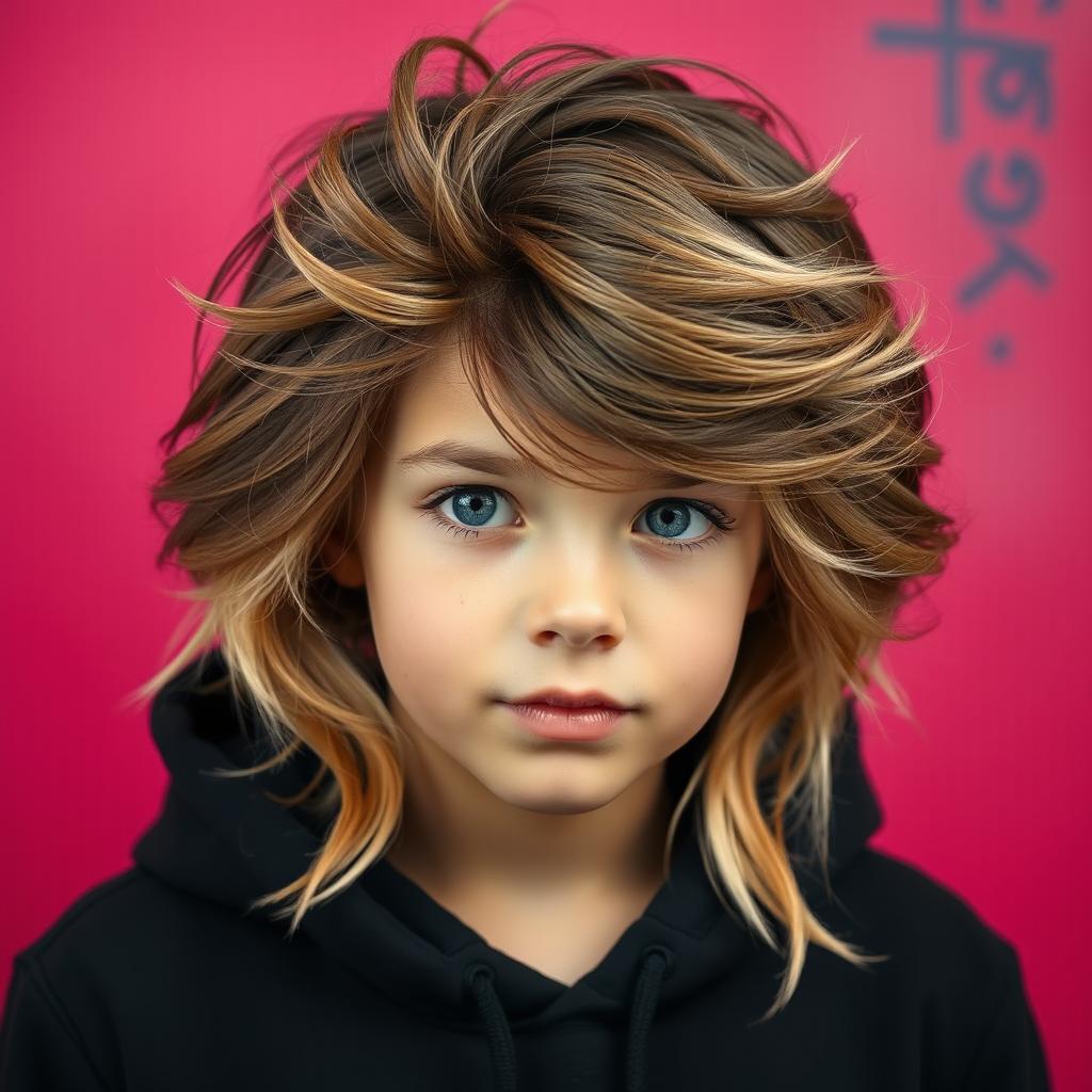 A beautiful boy with big brown and blonde hair, wearing a stylish black hoodie