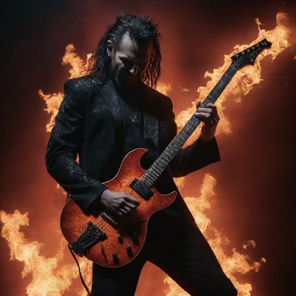 Satan as a rockstar, playing an intricate solo on a fiery electric guitar against a dystopian backdrop