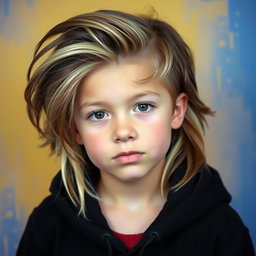 A beautiful boy with big brown and blonde hair, wearing a stylish black hoodie