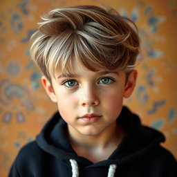 A beautiful boy with big brown and blonde hair, wearing a stylish black hoodie