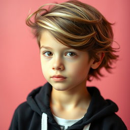A beautiful boy with big brown and blonde hair, wearing a stylish black hoodie
