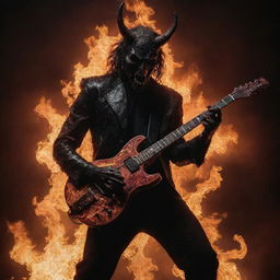 Satan as a rockstar, playing an intricate solo on a fiery electric guitar against a dystopian backdrop