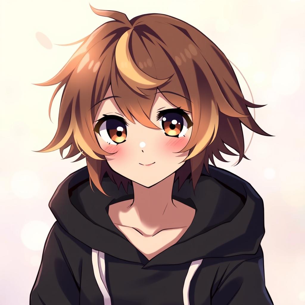 Anime-style beautiful boy with big brown and blonde hair, wearing a stylish black hoodie