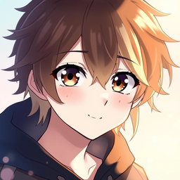 Anime-style beautiful boy with big brown and blonde hair, wearing a stylish black hoodie