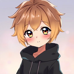 Anime-style beautiful boy with big brown and blonde hair, wearing a stylish black hoodie