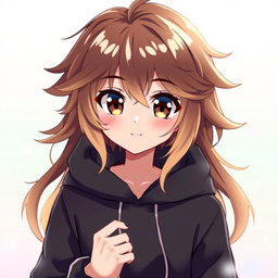 Anime-style beautiful boy with big brown and blonde hair, wearing a stylish black hoodie