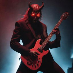 A red-hued Satan with glowing eyes, passionately shredding an electric guitar against a dystopian backdrop