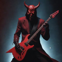 A red-hued Satan with glowing eyes, passionately shredding an electric guitar against a dystopian backdrop