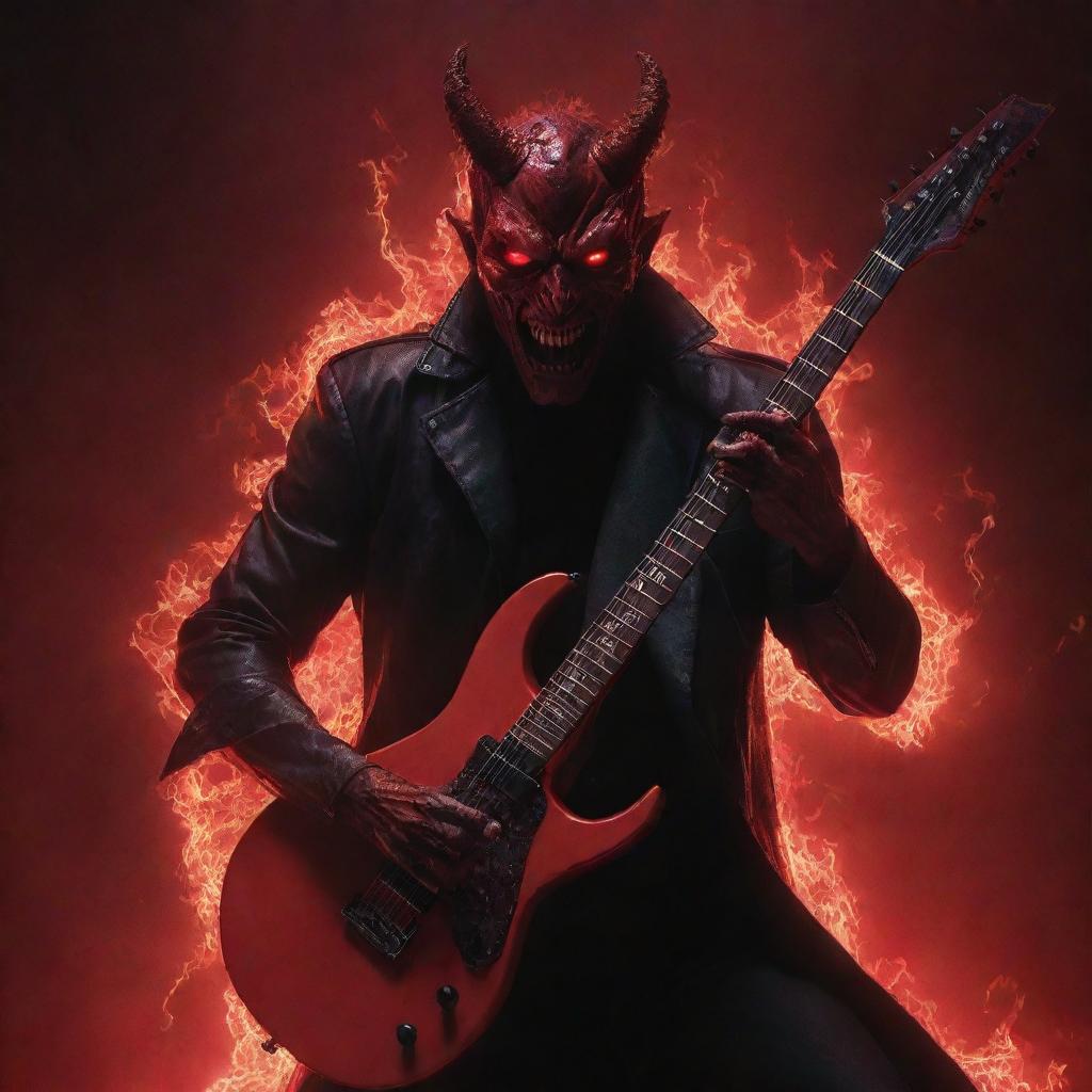 A red-hued Satan with glowing eyes, passionately shredding an electric guitar against a dystopian backdrop