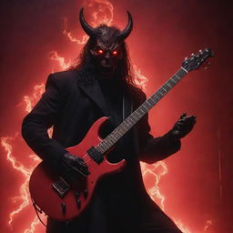 A red-hued Satan with glowing eyes, passionately shredding an electric guitar against a dystopian backdrop