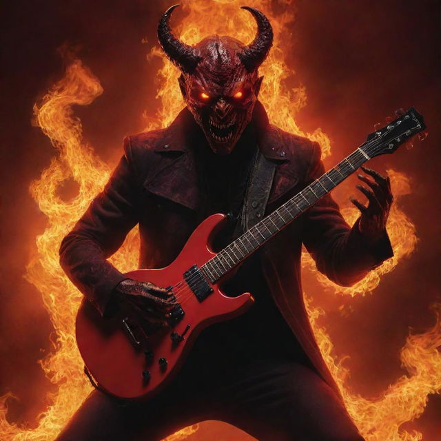 A vibrant, red-hued Satan with glowing eyes, engulfed in flames, in the midst of an epic guitar solo against a dystopian backdrop