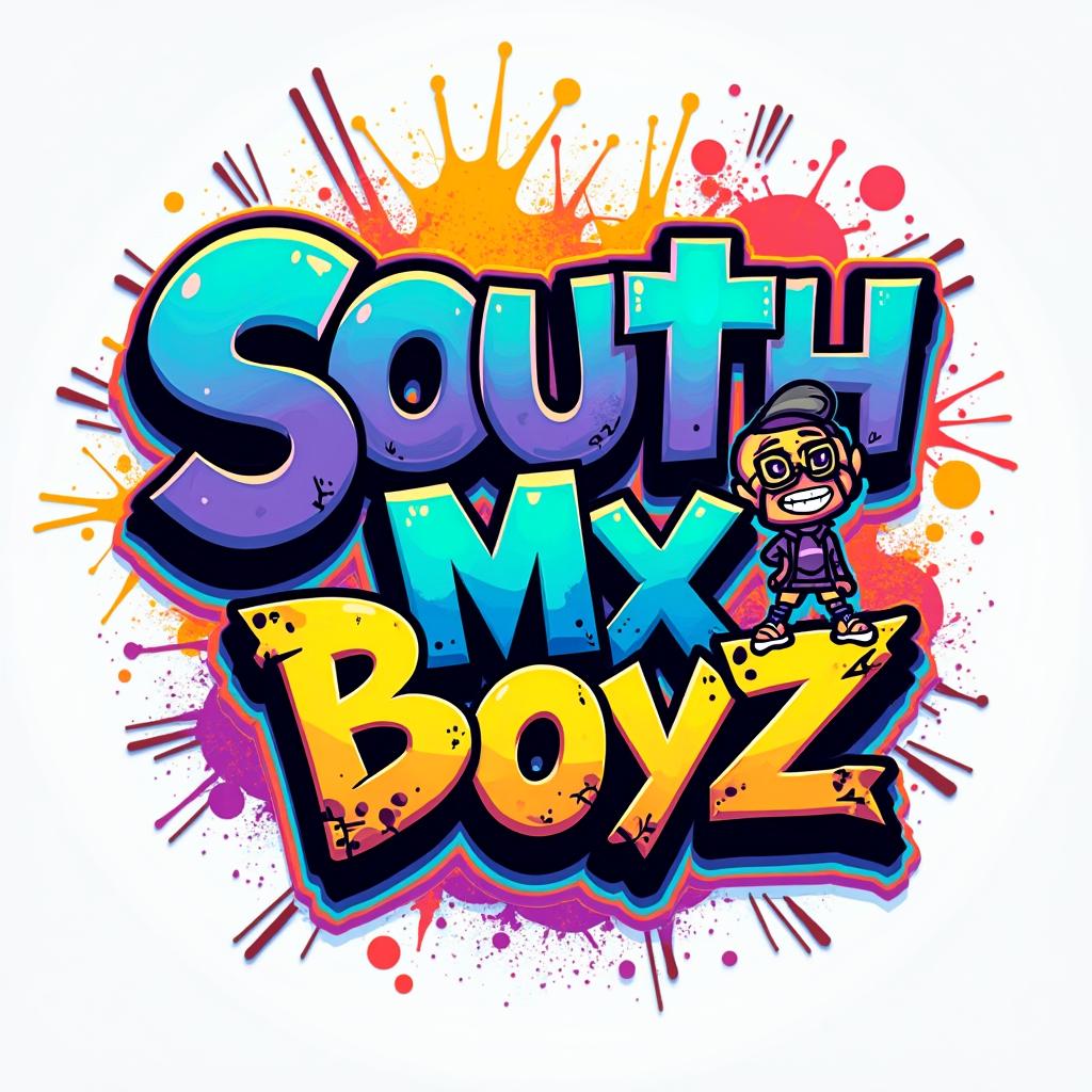 Design a vibrant and bold logo for the teen boys clothing line "South MX Boyz," featuring a dynamic graffiti style and a cartoon character