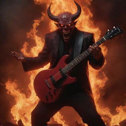 A strikingly beautiful, red-hued Satan with glowing eyes, surrounded by roaring flames while performing an enthralling guitar solo in a dystopian setting