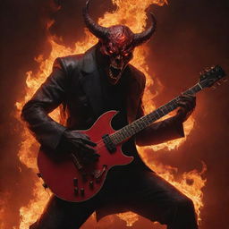 A strikingly beautiful, red-hued Satan with glowing eyes, surrounded by roaring flames while performing an enthralling guitar solo in a dystopian setting