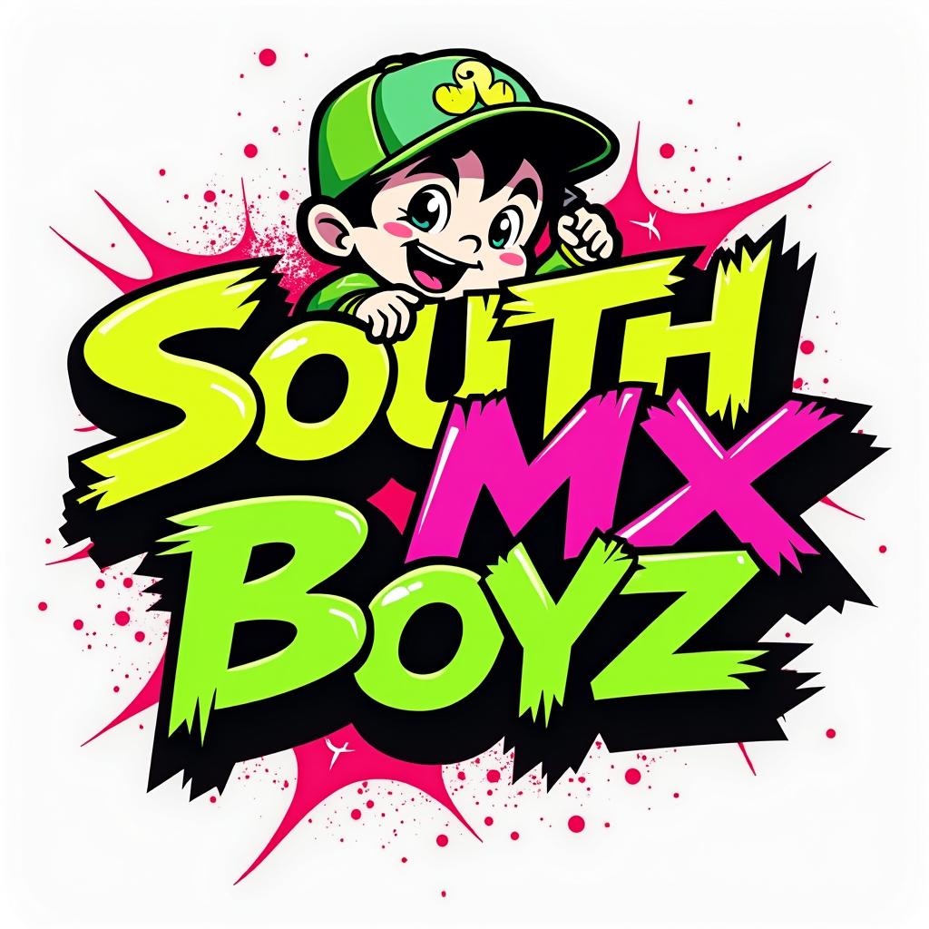 Design a bold and colorful logo for the teen boys clothing line "South MX Boyz," featuring a graffiti style and an engaging cartoon character