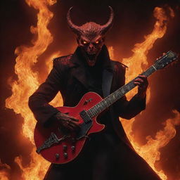 A strikingly beautiful, red-hued Satan with glowing eyes, surrounded by roaring flames while performing an enthralling guitar solo in a dystopian setting