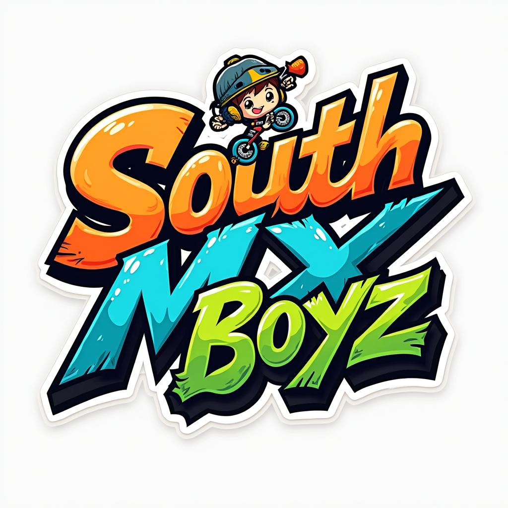 Create a bold and eye-catching logo for the teen boys clothing line "South MX Boyz," featuring a vibrant graffiti style and a playful cartoon character