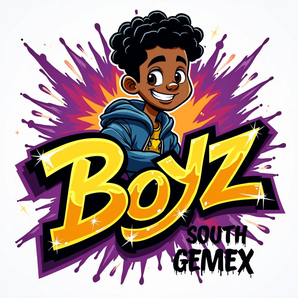 Craft a bold and captivating logo for the teen boys clothing line "South MX Boyz," featuring an African American cartoon character integrated into a vibrant graffiti style