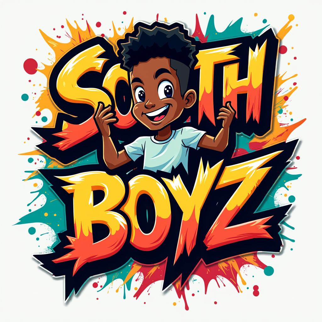 Design a bold and striking logo for the teen boys clothing line "South MX Boyz," featuring an African American cartoon character set within a dynamic graffiti style