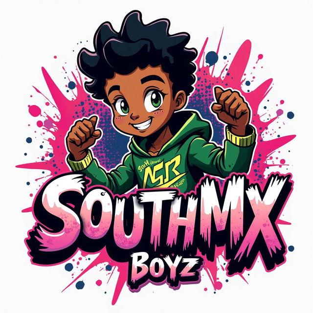 Create a bold, eye-catching logo for the teen boys clothing line "South MX Boyz," featuring an African American cartoon character, in a vibrant graffiti style