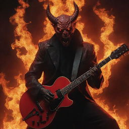 A strikingly beautiful, red-hued Satan with glowing eyes, surrounded by roaring flames while performing an enthralling guitar solo in a dystopian setting