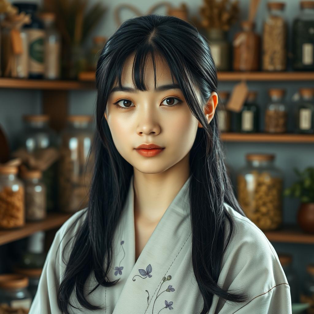 A realistic headshot of a female human herbalist of faint Asian descent in her early thirties