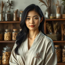 A realistic headshot of a female human herbalist of faint Asian descent in her early thirties