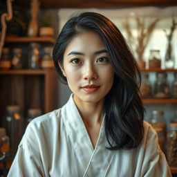 A realistic headshot of a female human herbalist of faint Asian descent in her early thirties