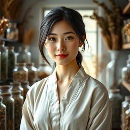 A realistic headshot of a female human herbalist of faint Asian descent in her early thirties