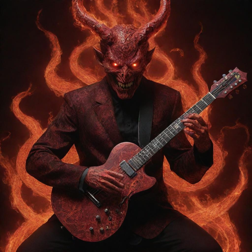 A breathtakingly beautiful, red Satan with glowing eyes, enveloped in flames, playing a guitar adorned with intricate snake patterns in a dystopian backdrop