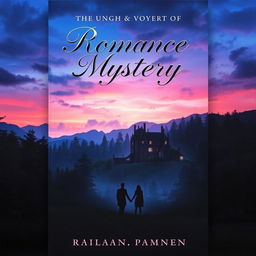 A captivating book cover for a romance and mystery novel featuring an enchanting landscape with a mysterious manor nestled amidst a lush forest