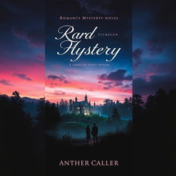 A captivating book cover for a romance and mystery novel featuring an enchanting landscape with a mysterious manor nestled amidst a lush forest