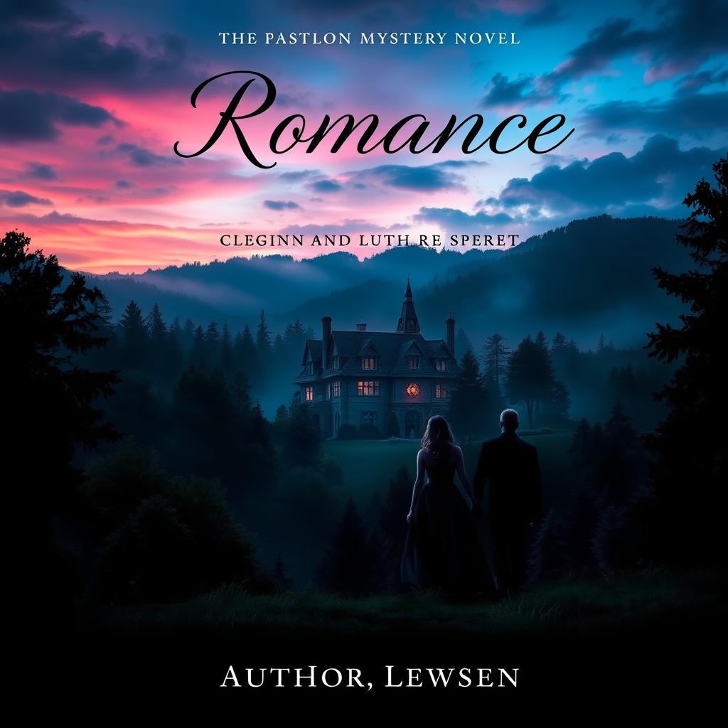 A captivating book cover for a romance and mystery novel featuring an enchanting landscape with a mysterious manor nestled amidst a lush forest