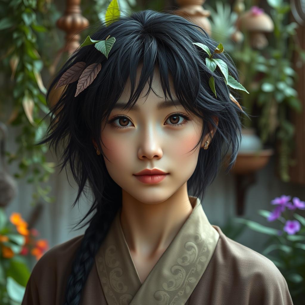 A realistic fantasy headshot of a female human herbalist of faint Asian descent in her early thirties