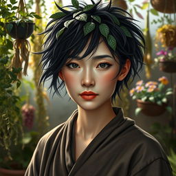 A realistic fantasy headshot of a female human herbalist of faint Asian descent in her early thirties