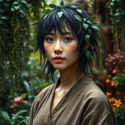 A realistic fantasy headshot of a female human herbalist of faint Asian descent in her early thirties