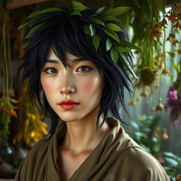 A realistic fantasy headshot of a female human herbalist of faint Asian descent in her early thirties