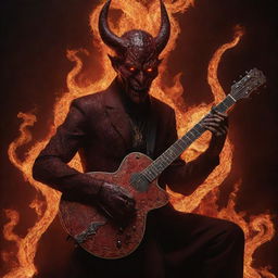 A breathtakingly beautiful, red Satan with glowing eyes, enveloped in flames, playing a guitar adorned with intricate snake patterns in a dystopian backdrop