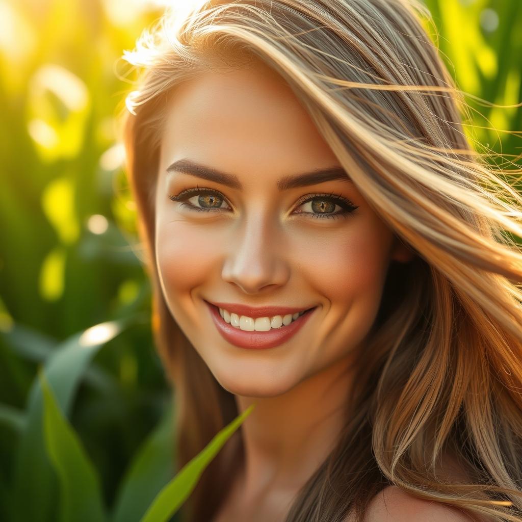 Beautiful woman with a captivating smile, radiant skin, and sleek, flowing hair under a gentle breeze