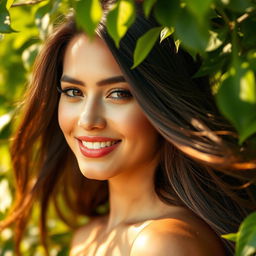 Beautiful woman with a captivating smile, radiant skin, and sleek, flowing hair under a gentle breeze